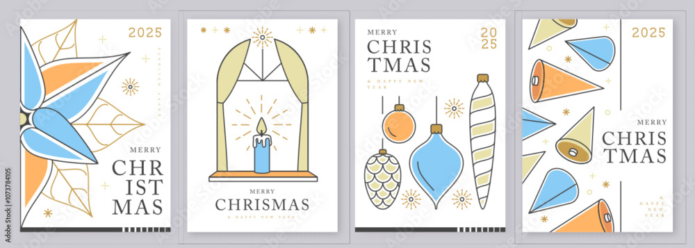 Set of modern line art Merry Christmas and Happy New Year greeting cards, covers or posters with holiday decoration. Christmas background. Vector illustration Set of modern line art Merry Christmas and Happy New Year greeting cards, covers or posters with holiday decoration. Christmas background. Vector illustration