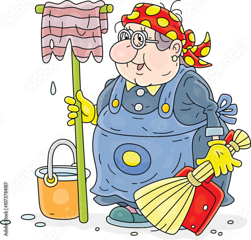 Funny plump charwoman with a mop, a bucket, a broom and a dustpan before starting her work, vector cartoon illustration on a white background