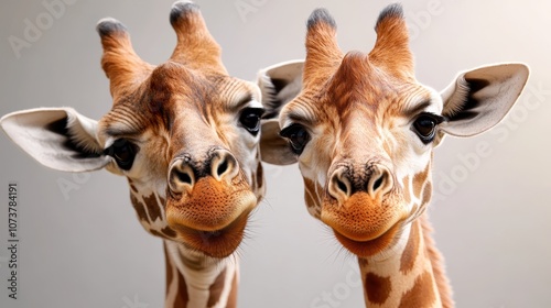 Two giraffes pose closely against a bright, neutral background in this studio portrait. The image emphasizes their delicate features and calm expressions, capturing elegance.
