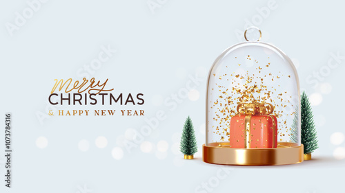 Golden dome with a red gift box inside, topped with sparkling confetti. Festive Merry Christmas and Happy New Year text with miniature fir trees on light blue. Realistic 3d design. vector illustration