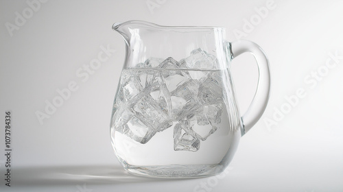 glass water pitcher filled with ice-cold water  on a white background