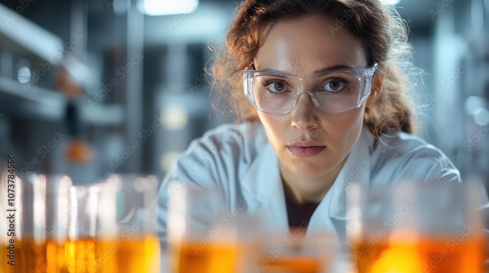 A determined female scientist peers through safety goggles at orange liquids, highlighting the precision and focus required in modern scientific research. A determined female scientist peers through safety goggles at orange liquids, highlighting the precision and focus required in modern scientific research.