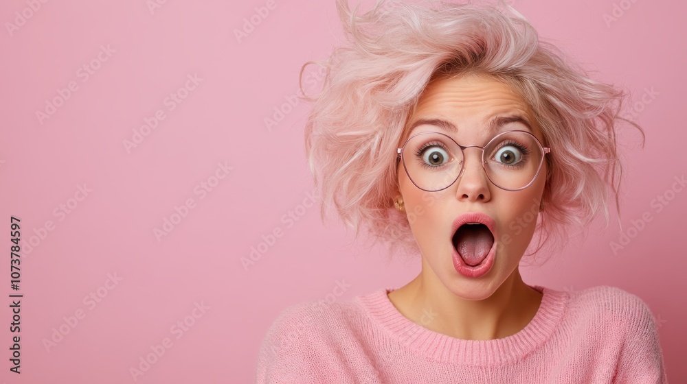 A woman with wild white hair and glasses, showing surprise on a pinkish background. Her bright expression highlights a moment of surprise and wonder. A woman with wild white hair and glasses, showing surprise on a pinkish background. Her bright expression highlights a moment of surprise and wonder.