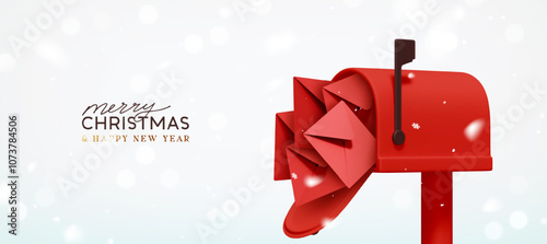 Merry Christmas and New Year festive design with red postal paper letters flying out from open mailbox. New Year's letters to Santa Claus. Light background sparkles bokeh and snow. Vector illustration