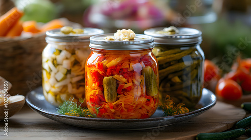 Creative Plate Arrangement of Colorful Giardiniera Highlighting Natural Fermentation and Nutritional Benefits photo