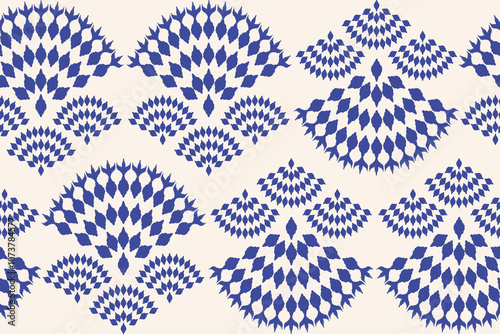 Ethnic boho ornament. Seamless pattern with blue fish scale silhouettes. Tribal motif.geometric folklore ornament. Seamless striped pattern in Aztec style. Design for texture, fabric, clothing