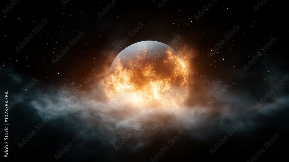 Obraz premium A spectacular image of a luminous planet consumed by fiery clouds, casting an otherworldly glow in the surrounding darkness of space, captivating the observer.