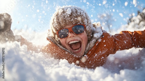 A child wearing an orange coat and sunglasses is joyfully playing in the snow, capturing the exhilarating essence of fun and freedom under a bright winter sun.