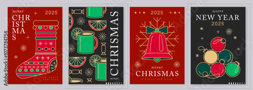 Set of modern line art Merry Christmas and Happy New Year greeting cards, covers or posters with holiday decoration. Christmas background. Vector illustration