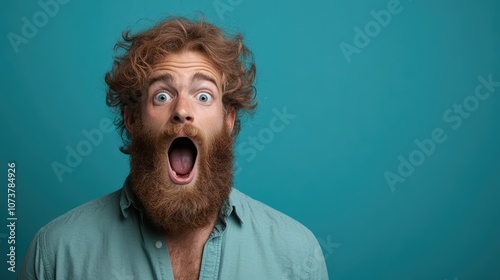 A bearded man in a green shirt is captured mid-exclamation with wide eyes and mouth open, conveying an expression of surprise and dramatic astonishment. photo