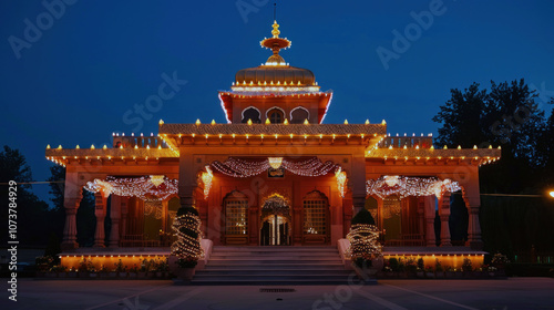 A stunning temple showcases its intricate architecture, adorned with luminous decorations during a festival celebration at night.