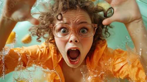 A young girl with wide eyes and glasses looks shocked as she wears an orange coat underwater, surrounded by bubbles that suggest surprise and adventure. photo