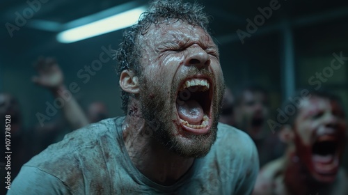 A dynamic person screams passionately while surrounded by chaos and a crowd, showing raw emotion and ferocity, set in a dimly lit, intense environment. photo