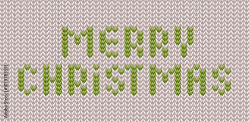 Merry Christmas embroidery text in the background made of wool knitted fabric. Christmas wool fabric, Xmas knitted realistic texture. Vector illustration