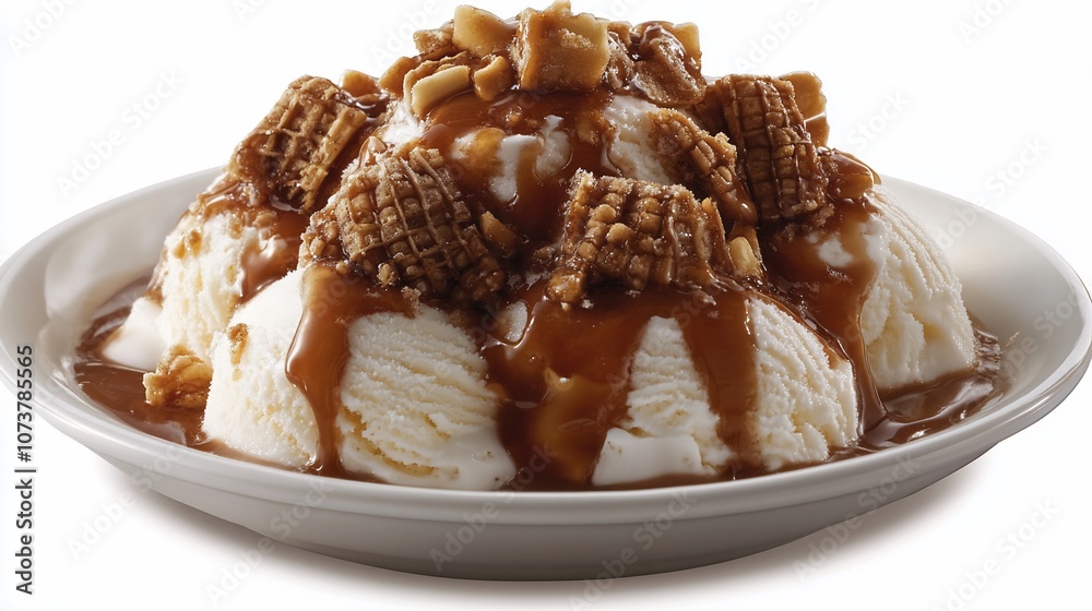 Vanilla ice cream with peanut butter sauce, peanuts, and crispy cereal. Vanilla ice cream with peanut butter sauce, peanuts, and crispy cereal.