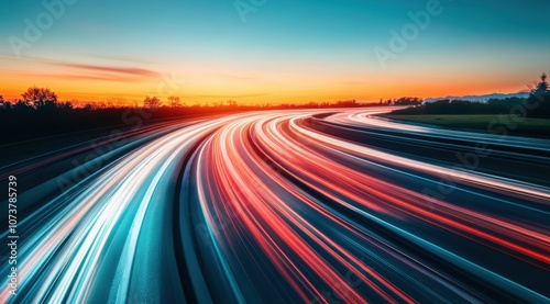 Light trails in gradient colors, motion energy. 