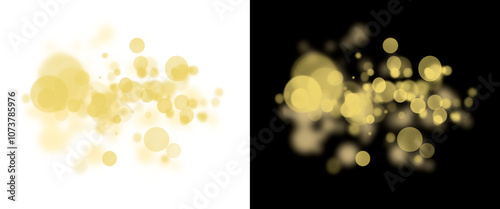 festive abstract effect of golden bokeh on a transparent and black background, festive decoration postcard, poster, greeting