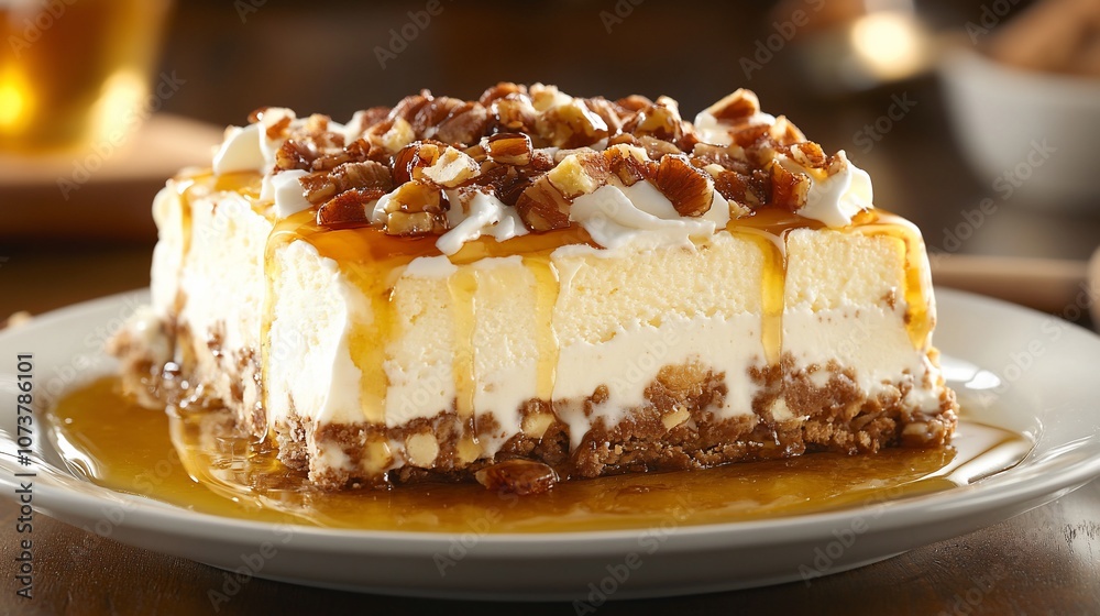 A slice of ice cream cake with a pecan topping, whipped cream, and caramel sauce on a white plate. A slice of ice cream cake with a pecan topping, whipped cream, and caramel sauce on a white plate.