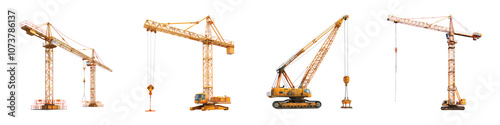 Set of Industrial Construction Cranes Isolated on Transparent Background