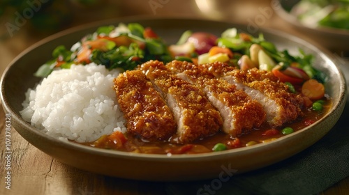 Close-up of Japanese curry with breaded pork cutlets, served alongside fluffy white rice and a fresh side salad on a ceramic plate.