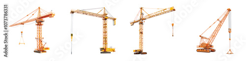 Set of Industrial Construction Cranes Isolated on Transparent Background