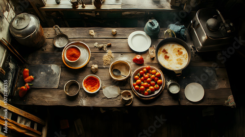 Capturing the Essence of Homemade Lutenitsa Preparation in a Rustic Kitchen Environment photo