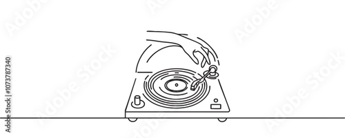 Vinyl record player in one line style. Continuous line drawing of vinyl, record, melody, retro, player, disk. vector illustration