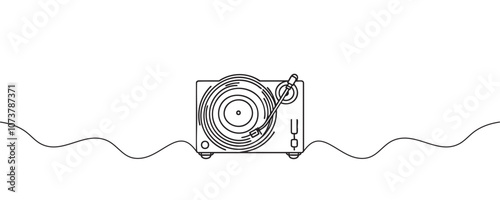 Vinyl record player in one line style. Continuous line drawing of vinyl, record, melody, retro, player, disk. vector illustration