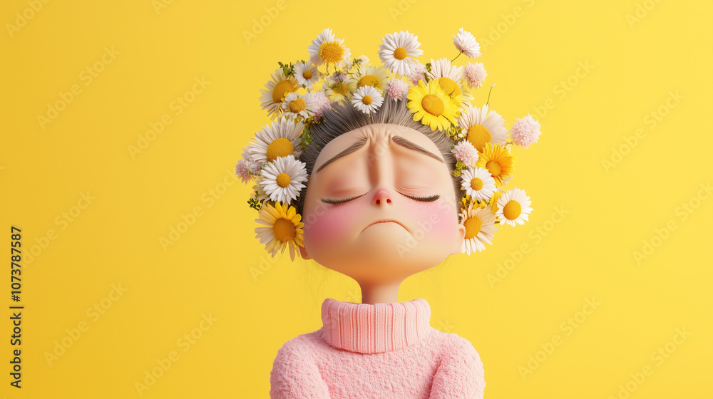 Fototapeta premium A 3D cute female character with a gentle, sad expression and a flower on her head, set against a bright yellow banner. Ideal for stock, perfect for ads, emotional marketing, or website avatars.