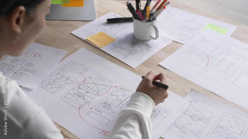 UX UI designer working on wireframes for a website and mobile app prototype, surrounded by sketches of user-flow and design tools, in concept of website and mobile application design concept.