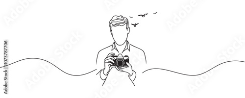 One line drawing of photographer taking photo with modern digital camera. Journalist or reporter taking pictures. Continuous line drawing, graphic vector illustration