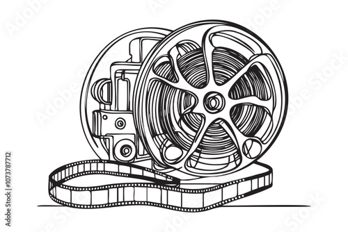 One continuous line drawing stack of retro old classic movies video tape reel. Vintage film frame concept of film strip element one line. vector illustration