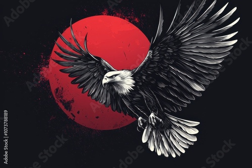 Dynamic black and white eagle in flight with red sun backdrop photo