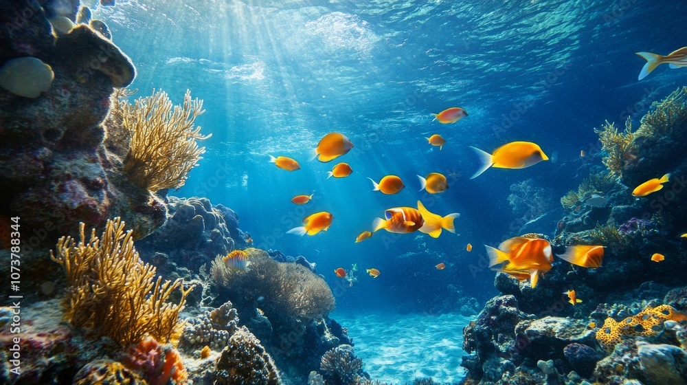 Naklejka premium A school of fish swimming underwater, creating a dynamic ocean scene.