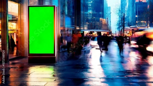 Mock up billboard on the background of timelapse busy street of modern city, green  chrome key screen advertising