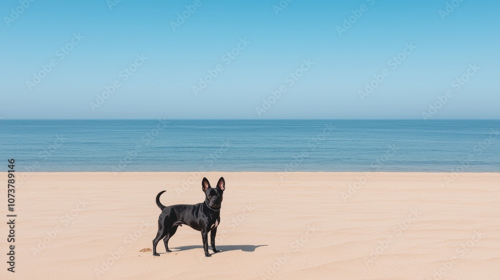 Playful Dog on Sandy Beach Under Clear Blue Sky Playful Dog on Sandy Beach Under Clear Blue Sky