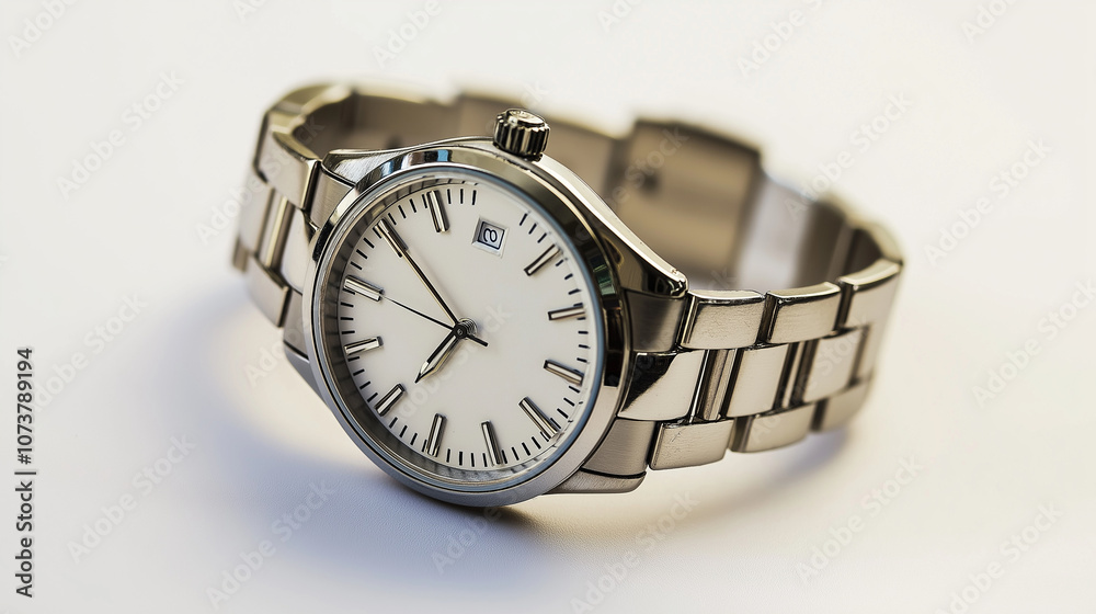 A shiny silver wristwatch with a metal band, on a white background A shiny silver wristwatch with a metal band, on a white background