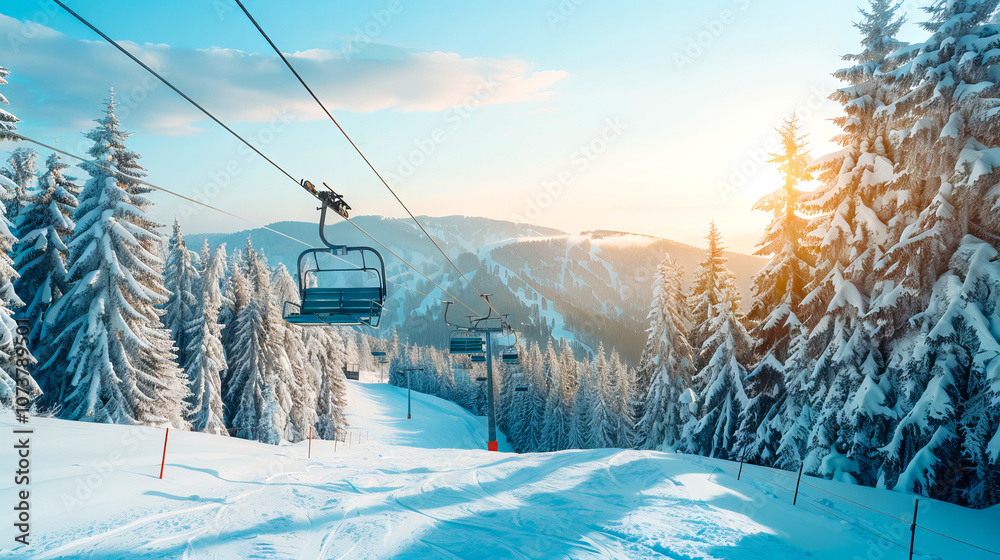 Obraz premium Empty Ski Lift Ascending Snowy Mountain Under a Clear Blue Sky. Concept of Winter Adventure, Mountain Excursion, Ski Resort Serenity, and Peaceful Winter Landscape