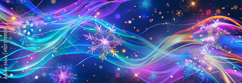 Vibrant Abstract Background with Neon Holographic Snowflakes and Colorful Swirling Lights. Banner