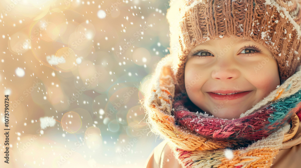 Joyful Caucasian Child Smiling in Winter with Cozy Scarf and Hat, Embracing the Magic of Snowy Season. Concept of Childhood Innocence, Winter Joy, and Warm Clothing. Copy space Joyful Caucasian Child Smiling in Winter with Cozy Scarf and Hat, Embracing the Magic of Snowy Season. Concept of Childhood Innocence, Winter Joy, and Warm Clothing. Copy space