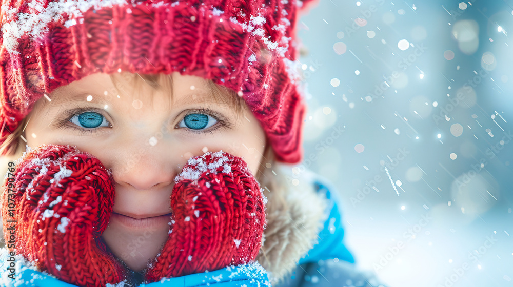 Smiling Caucasian Child in Warm Winter Hat Enjoying a Snowy Day. Concept of Childhood Joy, Winter Fashion, Cold Weather Fun, and Playful Snow Activities. Copy space Smiling Caucasian Child in Warm Winter Hat Enjoying a Snowy Day. Concept of Childhood Joy, Winter Fashion, Cold Weather Fun, and Playful Snow Activities. Copy space