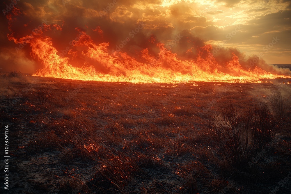 Fototapeta premium Intense wildfire devours dry grasslands under dramatic sunset skies