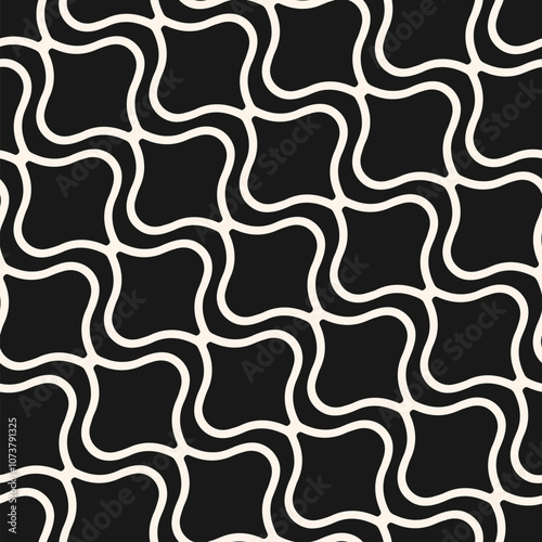 Vector geometric seamless pattern in oriental style. Abstract monochrome background with wavy lines, diagonal grid, lattice, mesh, curved net. Simple black and white texture. Repeated dark geo design