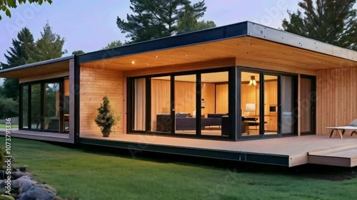 Modern Two-Story Restaurant with Glass Facade and Evening Lighting