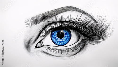 Beautiful blue human eye isolated on white macro shot. Drawing, sketch