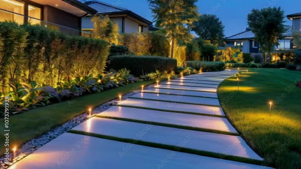 Side walk in the garden in evening Side walk in the garden in evening