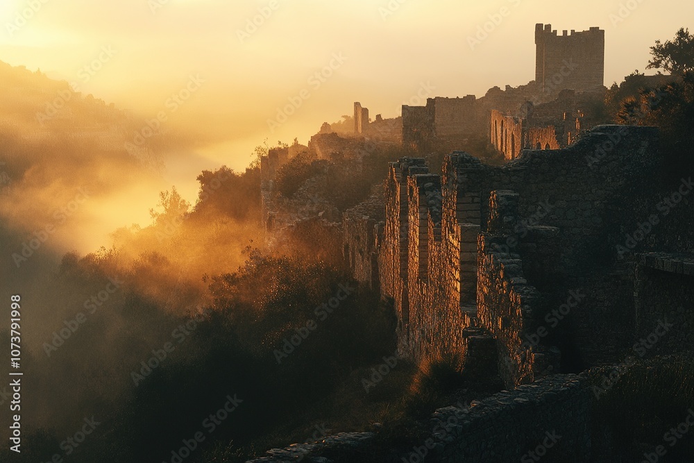 Fototapeta premium Ancient Ruins on a Hill at Sunset.