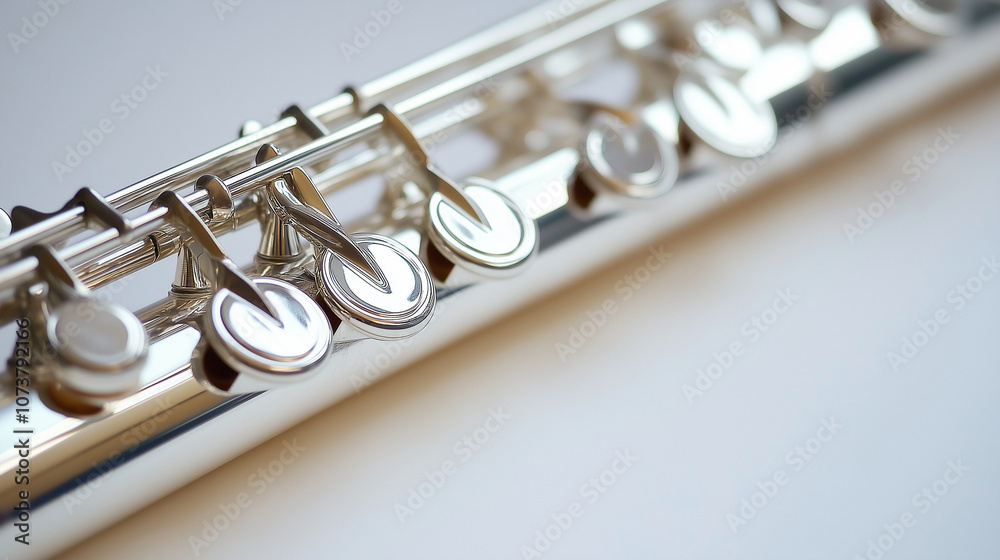 Obraz premium A sleek silver flute with detailed keys, lying horizontally on a white background