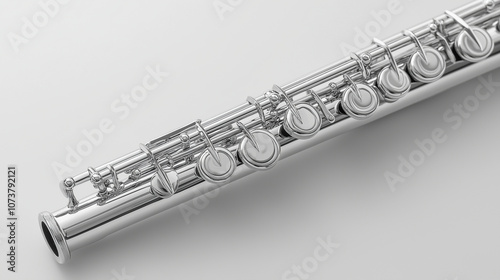 A sleek silver flute with detailed keys, lying horizontally on a white background