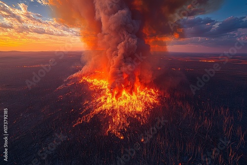 Dramatic aerial view of wildfire burning in vast open landscape at sunset photo